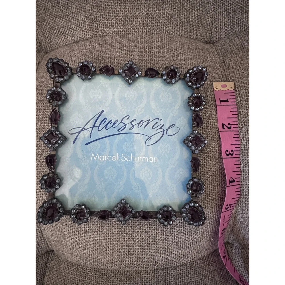 Vintage Marcel Schurman Rhinestone Flower Picture Photo Frame Blue Purple Metal